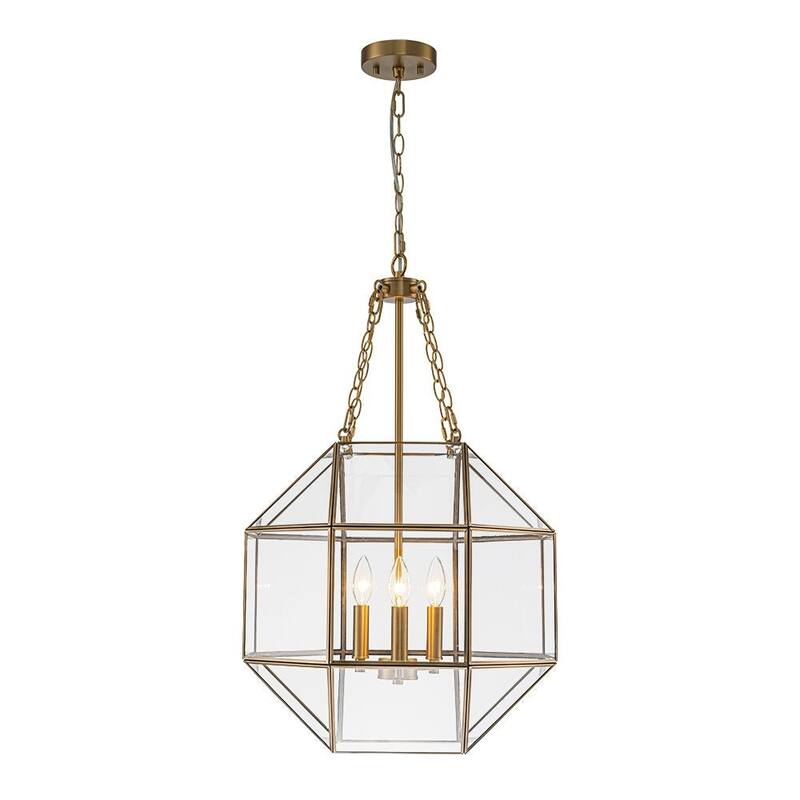 Modern 3-Light Polygonal Cube Clear Glass Metal Lantern Chandelier - 18.1in