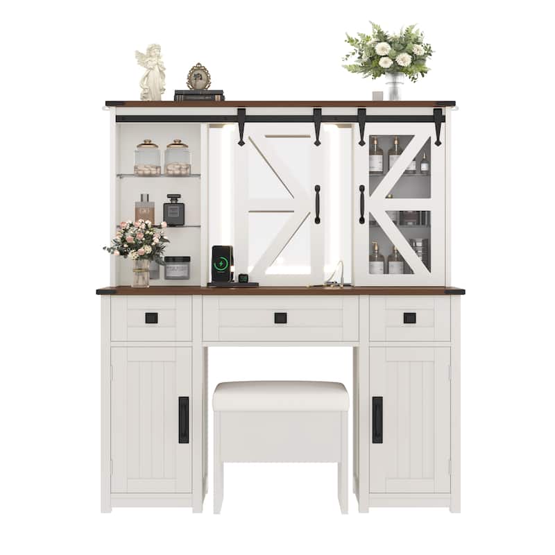 Vanity Desk with Lighted Mirror, Storage Stool & Charging Station, Dressing Table with Hidden Shelves, 3 Drawers & 4 Cabinets
