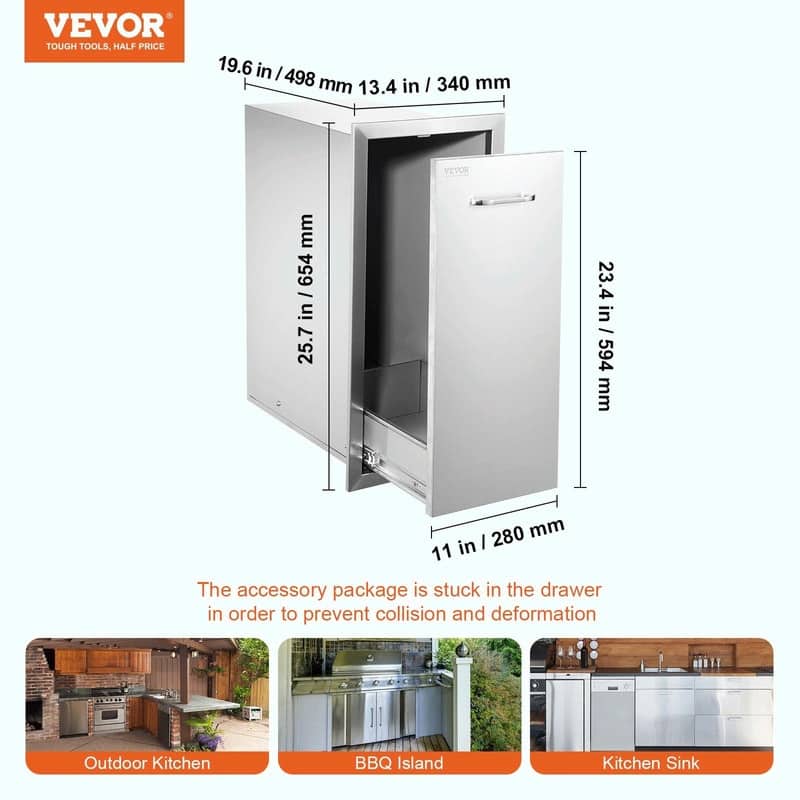 Pull-Out Trash Drawer, Stainless Steel Roll-Out Bin with Sliding Rails and Handle for Outdoor Kitchen or BBQ Island