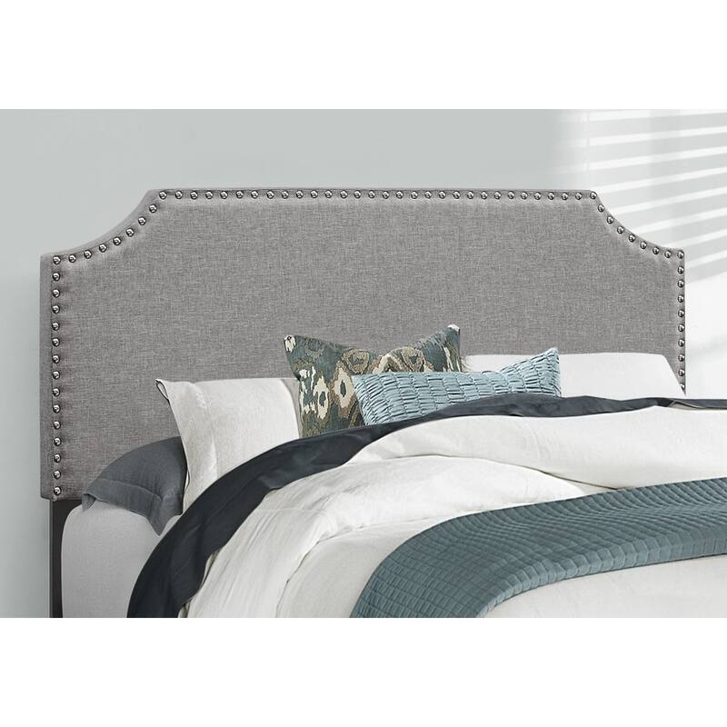 Full Size Upholstered Bed Frame with Grey Linen Look and Chrome Trim