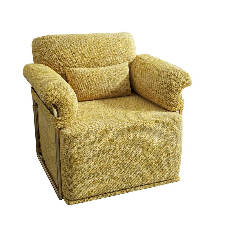 360 Degree Square Swivel Fluffy Fabric Lounge Upholstered Reading Chair with Gold Metal Legs, Yellow