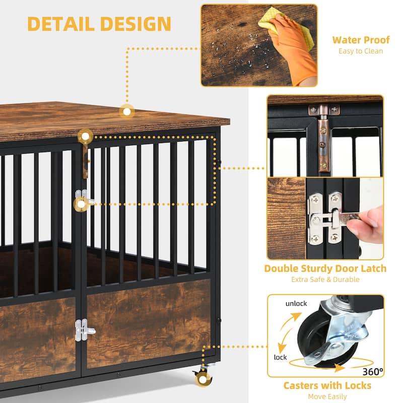 38"/43" Dog Crate Furniture Cage Table with Wheels And Double Doors