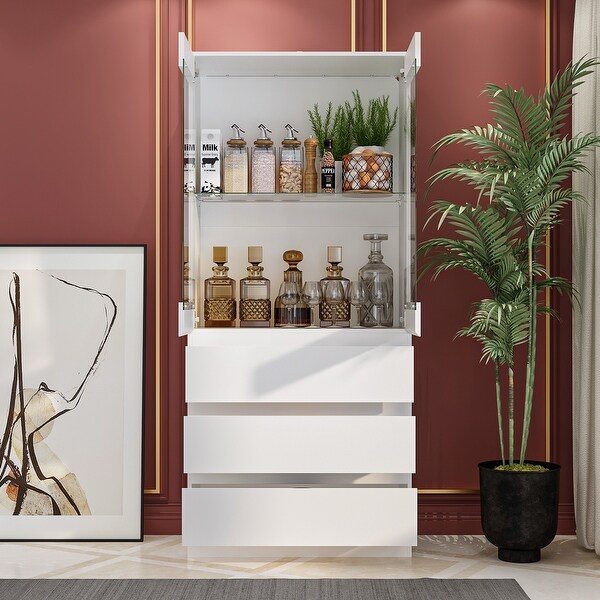 70.8"Tall Bar Cabinets with LED Light with Glass Door & 3 Drawers - 31.5"W x 70.8"H