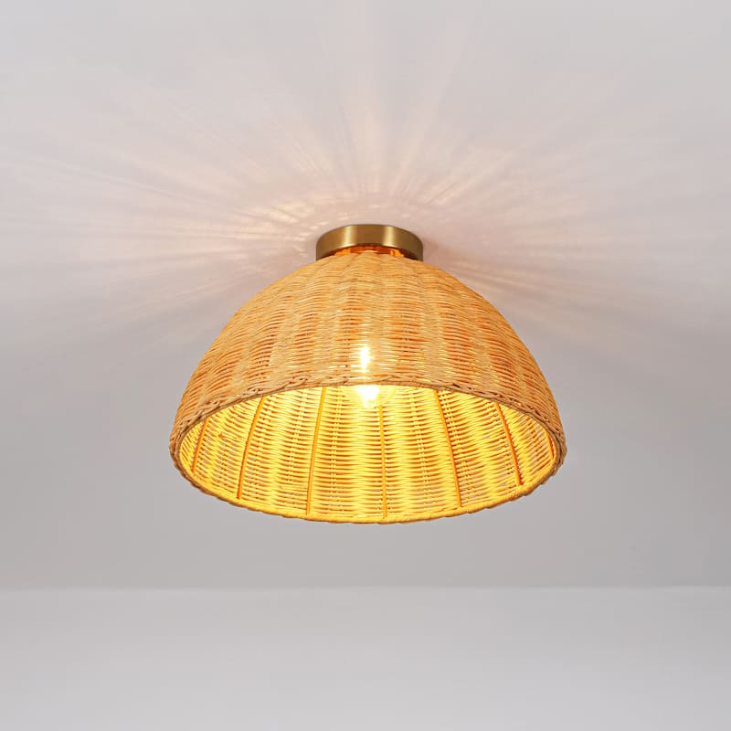 16.5" W Boho Coastal Brown Handwoven Rattan Dome Flush Mount Ceilig Light for Kitchen, Hallways