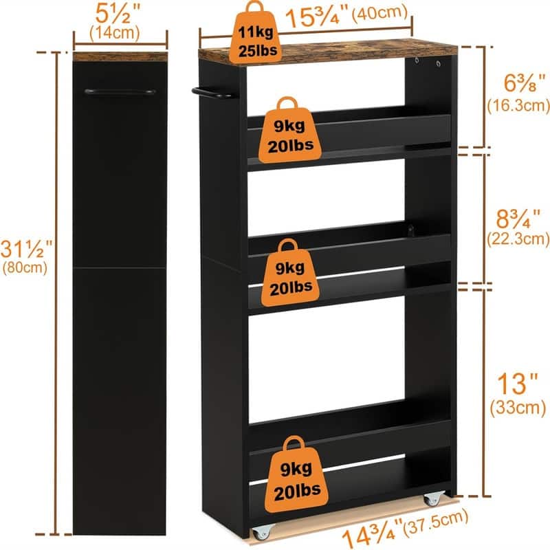 4 Tier Slim Storage Cart with Handle - 5.5"D x 15.5"W x 31.7"H