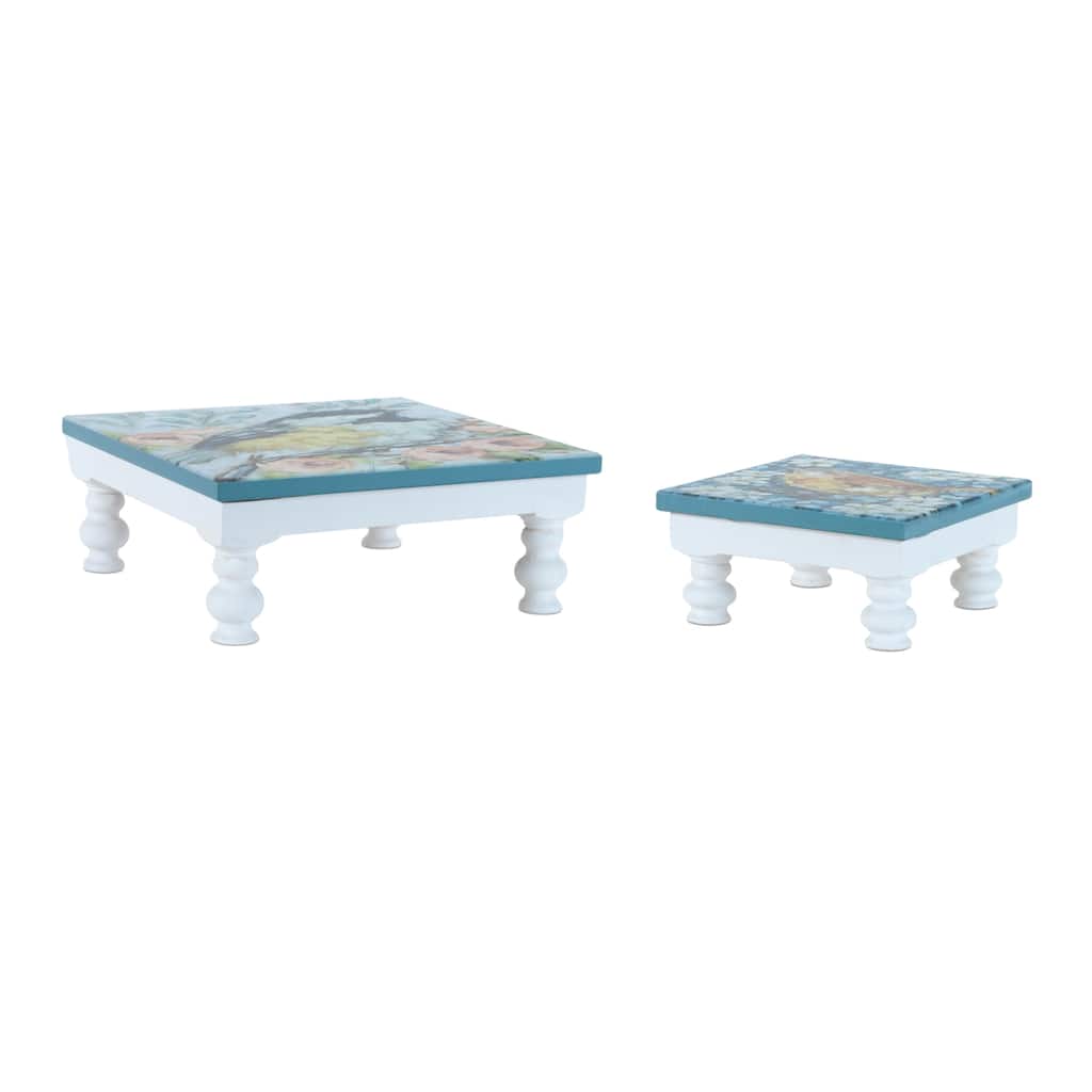 Wooden Floral Bird Pedestal Tray (Set of 2) - N/A