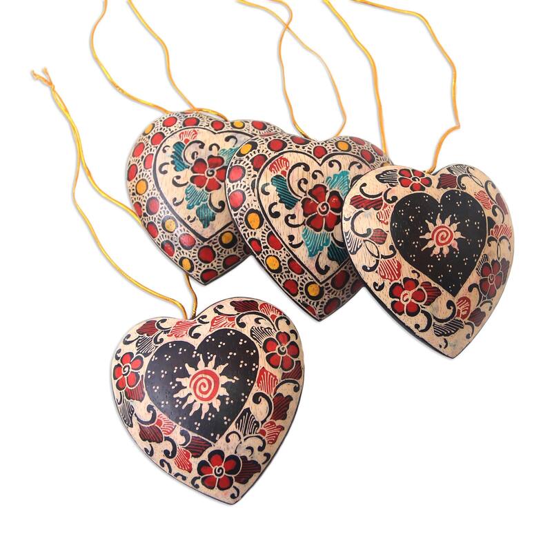 Novica Handmade Heart Flowers Batik Wood Ornaments (Set Of 4)