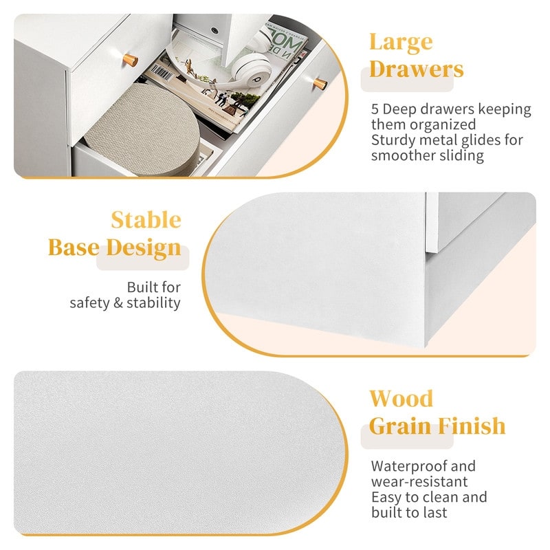 5-Drawer Dresser For Bedroom And Chest Of Drawers With Sturdy Construction Wood Storage Organizer For Closet