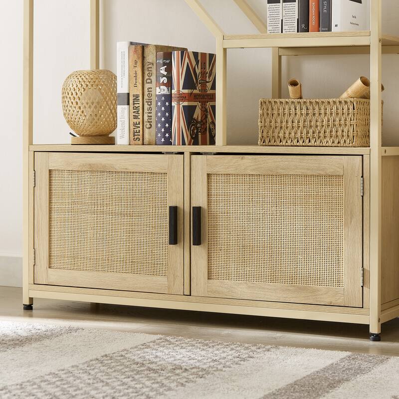 Rattan Bookshelf Storage Rack with Cabinet and 7 Open Display Shelves
