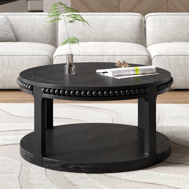 31.5" Round Solid Wood Coffee Table - Two-Tier Thickened Top, Sturdy Legs, Sofa or Living Room Table