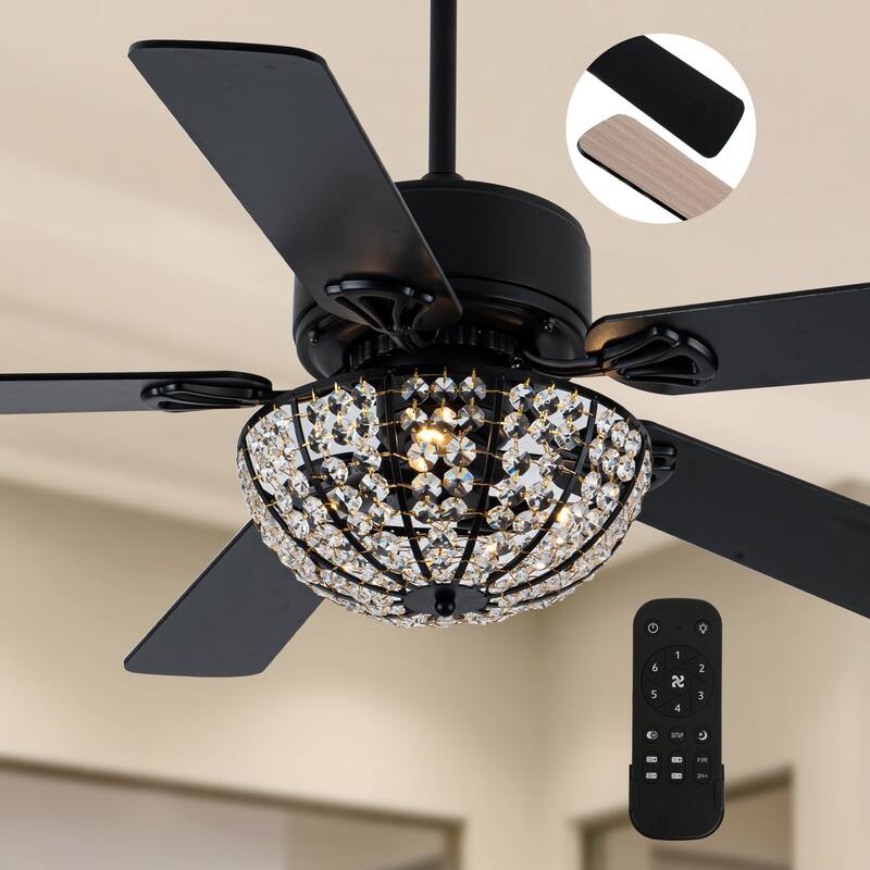 Cusp Barn 52 Inch Modern Crystal Black Ceiling Fan with Light, Noiseless DC Motor 6 Speeds Caged Ceiling Fan for Living Room