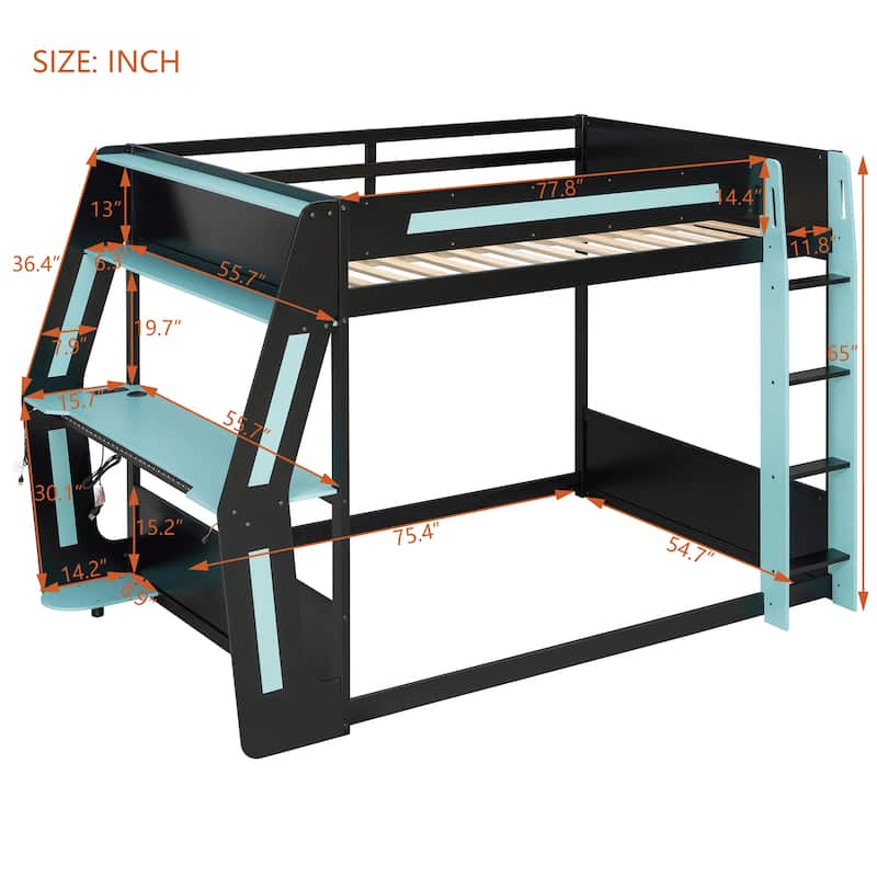 Gaming Loft Bed with Desk LED USb Shelf Full Size