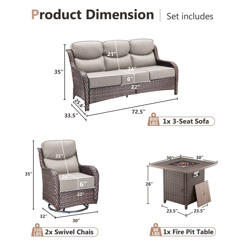 Pocassy 4 Pieces Outdoor 6" Sofa Swivel Chair with Fire Pit Table