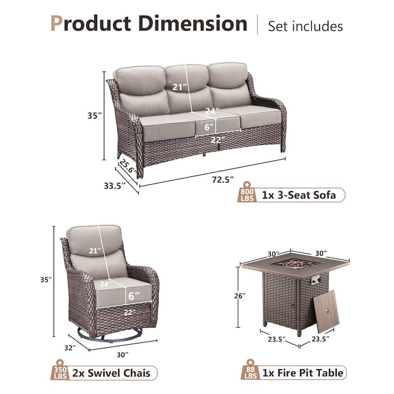 Pocassy Outdoor 6" Sofa Swivel Chair with Fire Pit Table