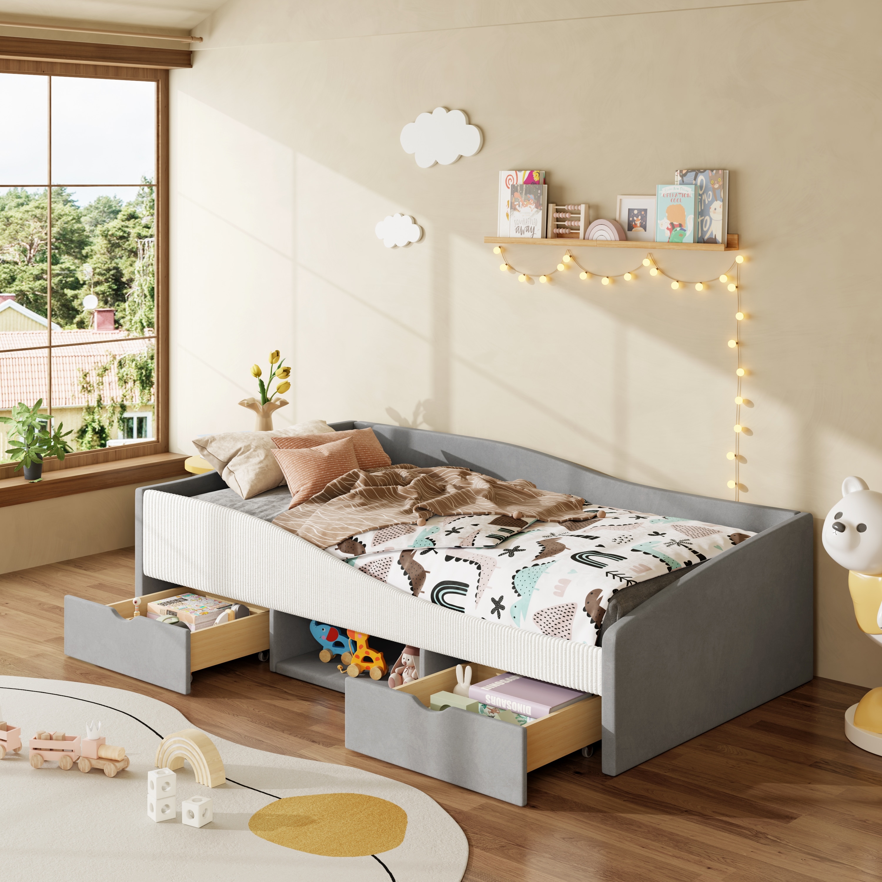Upholstered Daybed Frame with 2 Drawer Chic Streamlined Guardrail