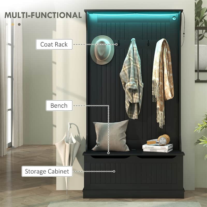 MDF Hall Tree Storage Bench with LED Light and Hooks - 37.75" W x 13.5" D x 70.75" H