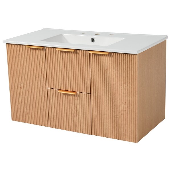 Wall-Mounted Bathroom Vanity, Wave-Pattern, Wood Grain Melamine