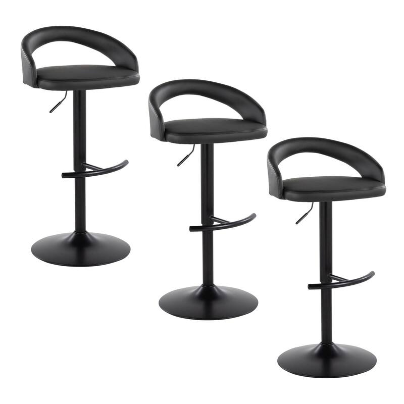 Grotto Upholstered Adjustable Barstool with Black Metal - Set Of 3 - Black Faux Leather