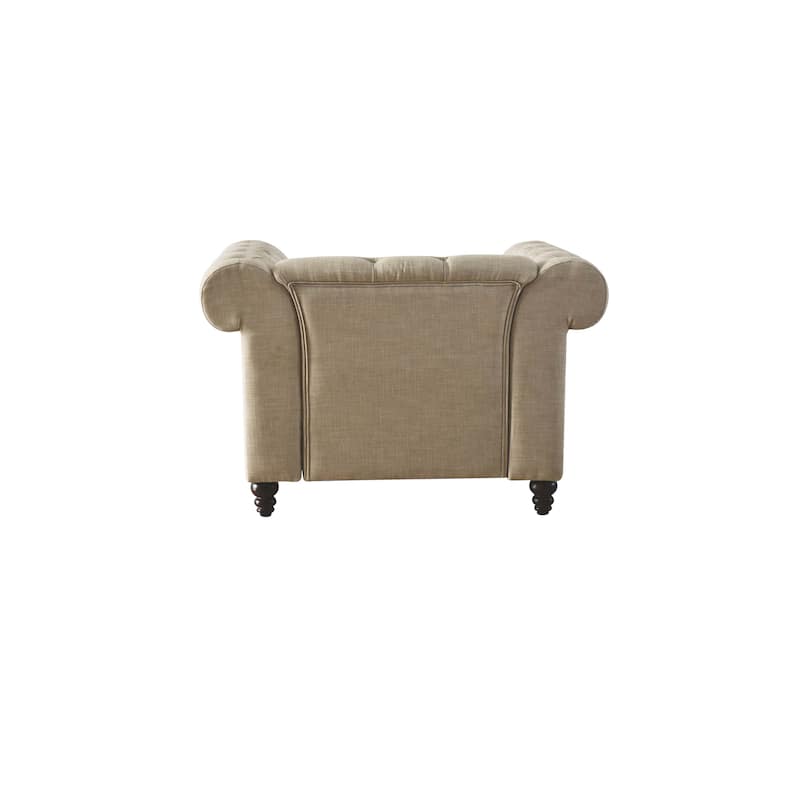 Transitional 29" Linen Upholstered Button Tufting Chair with Wooden Turned-Bun Legs amd Nailheads