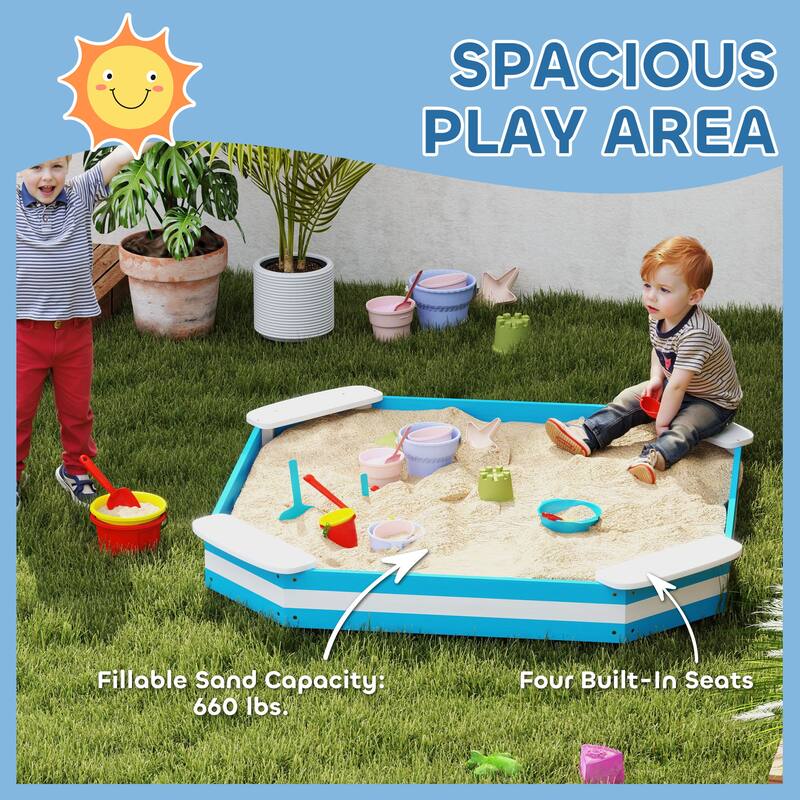Blue-White Fir Wood Kids Sandbox with Four Seats and Nautical Design - 52.4" L x 52.4" W x 6.3" H