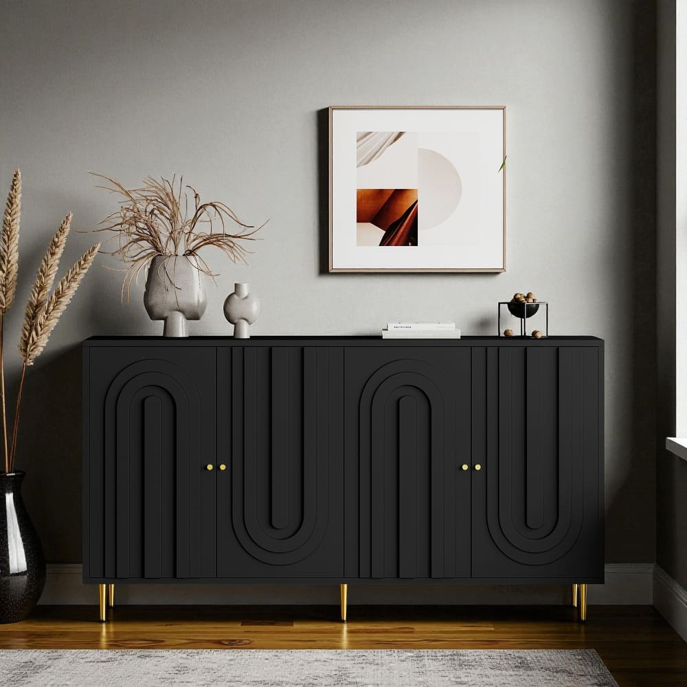Modern 4-Door Lacquered Sideboard Buffet Cabinet with Gold Legs, Adjustable Shelves for Living Room or Dining Room