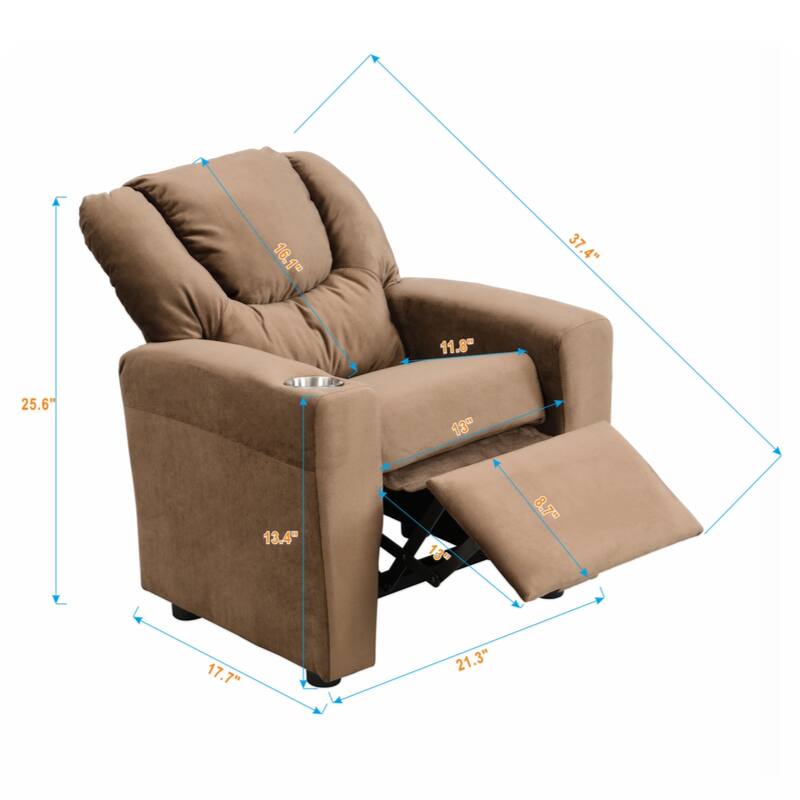Kids Recliner Chair, Kids Upholstered Couch with One Cup Holder, Footrest, Backrest, Toddlers Velvet Recliner