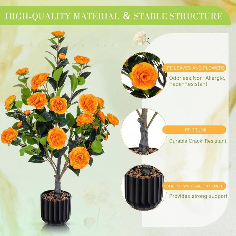 Artificial Camellia Tree 2 Pack, 36"Faux Camellia Plant in Pot with Orange Flowers, Greenery Potted Plant for Indoor Outdoor