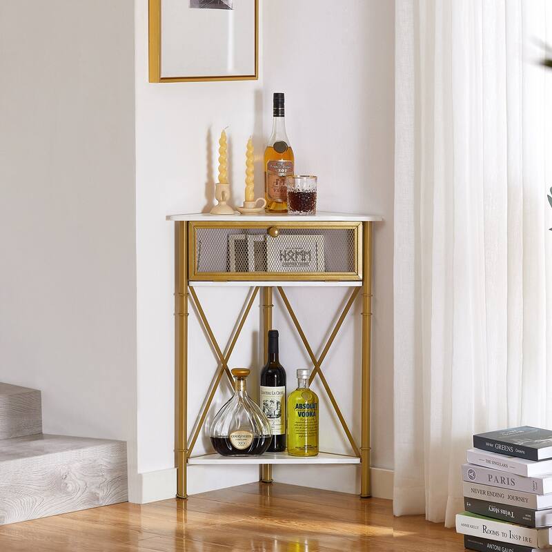 Javlergo Corner Table with Drawer and Storage Shelf, Triangle Freestanding Floor Cabinet for Kitchen, Living Room and Bedroom - White-Gold