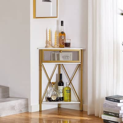 Javlergo Corner Table with Drawer and Storage Shelf, Triangle Freestanding Floor Cabinet for Kitchen, Living Room and Bedroom