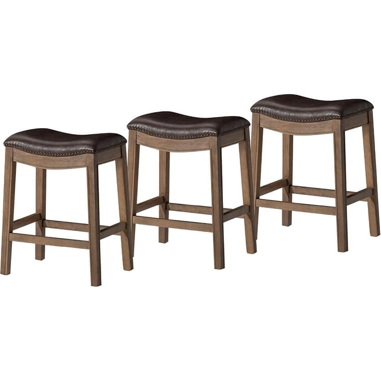 Maven Lane 26" Adrien Saddle Kitchen Counter Height Stool - Walnut Vegan Leather - Set of 3