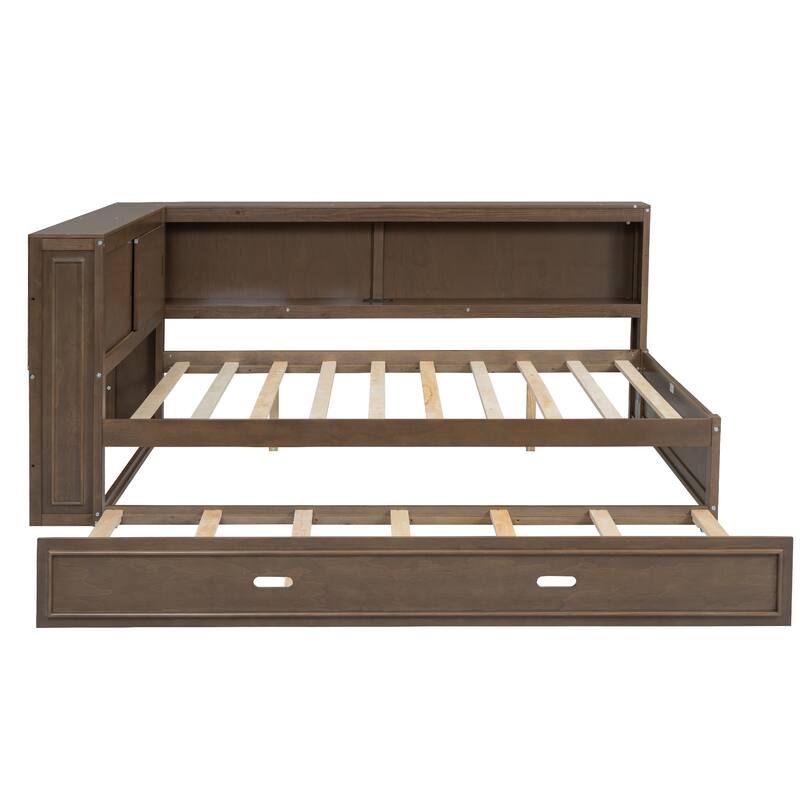 Roomfitters Full Wood Daybed with USB Charging Station, Storage Shelves and Pull-Out Trundle