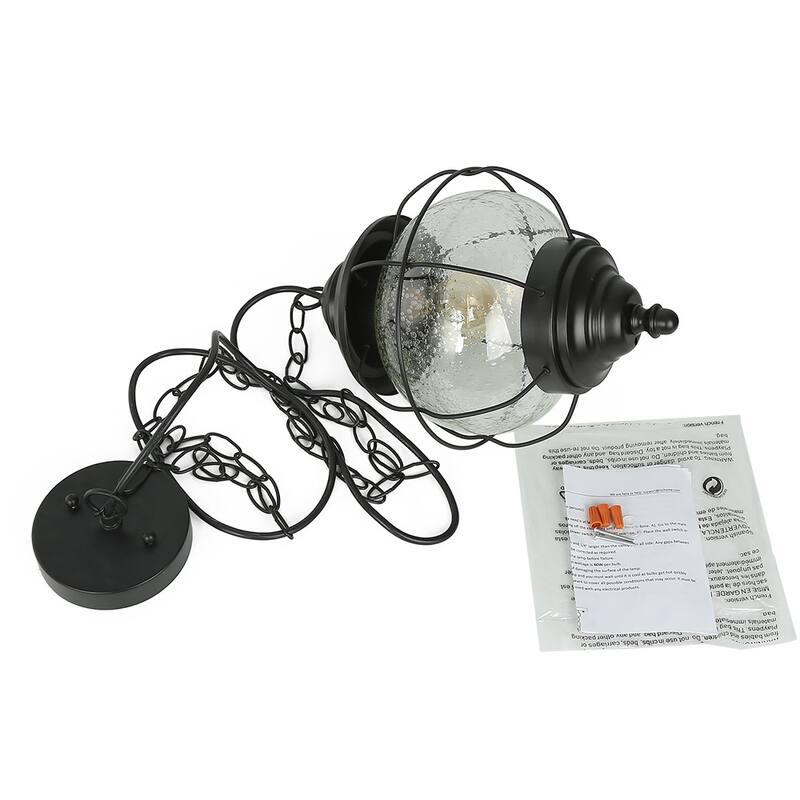 Modern Farmhouse Black 1-Light Outdoor Pendant Light Glass Patio Lantern Lamp - D10" X H12"