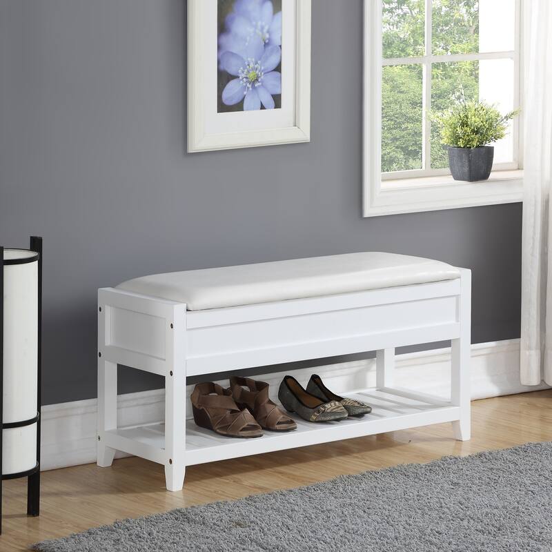 Faux Leather Seating Wood Bench with Shoe Storage - White