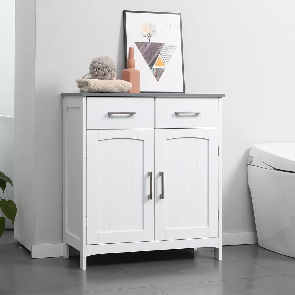 kleankin Bathroom Floor Cabinet, Freestanding Linen Cabinet, Storage Cupboard with 2 Drawers, Double Doors