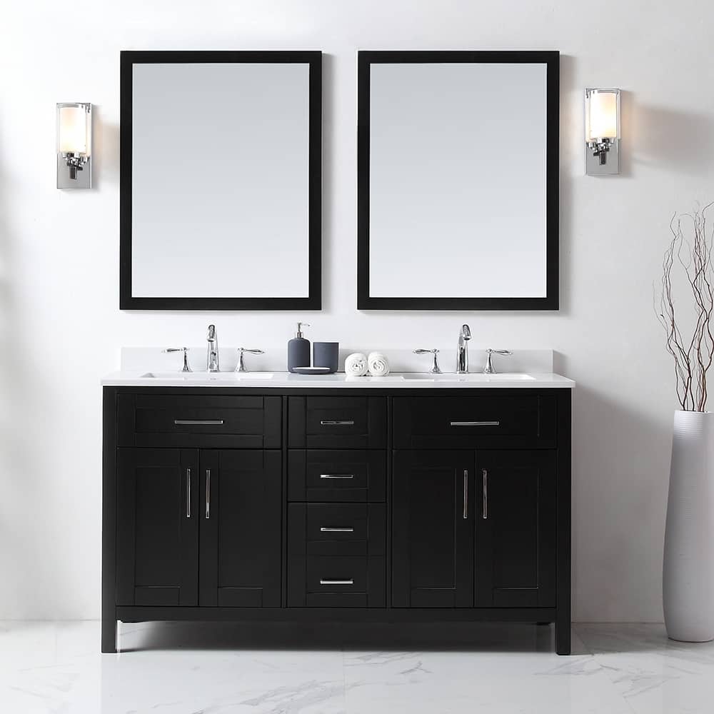 Tahoe 60 in. W Double Sink Vanity in Espresso with Cultured Marble Vanity Top in White with White Basin and Mirrors