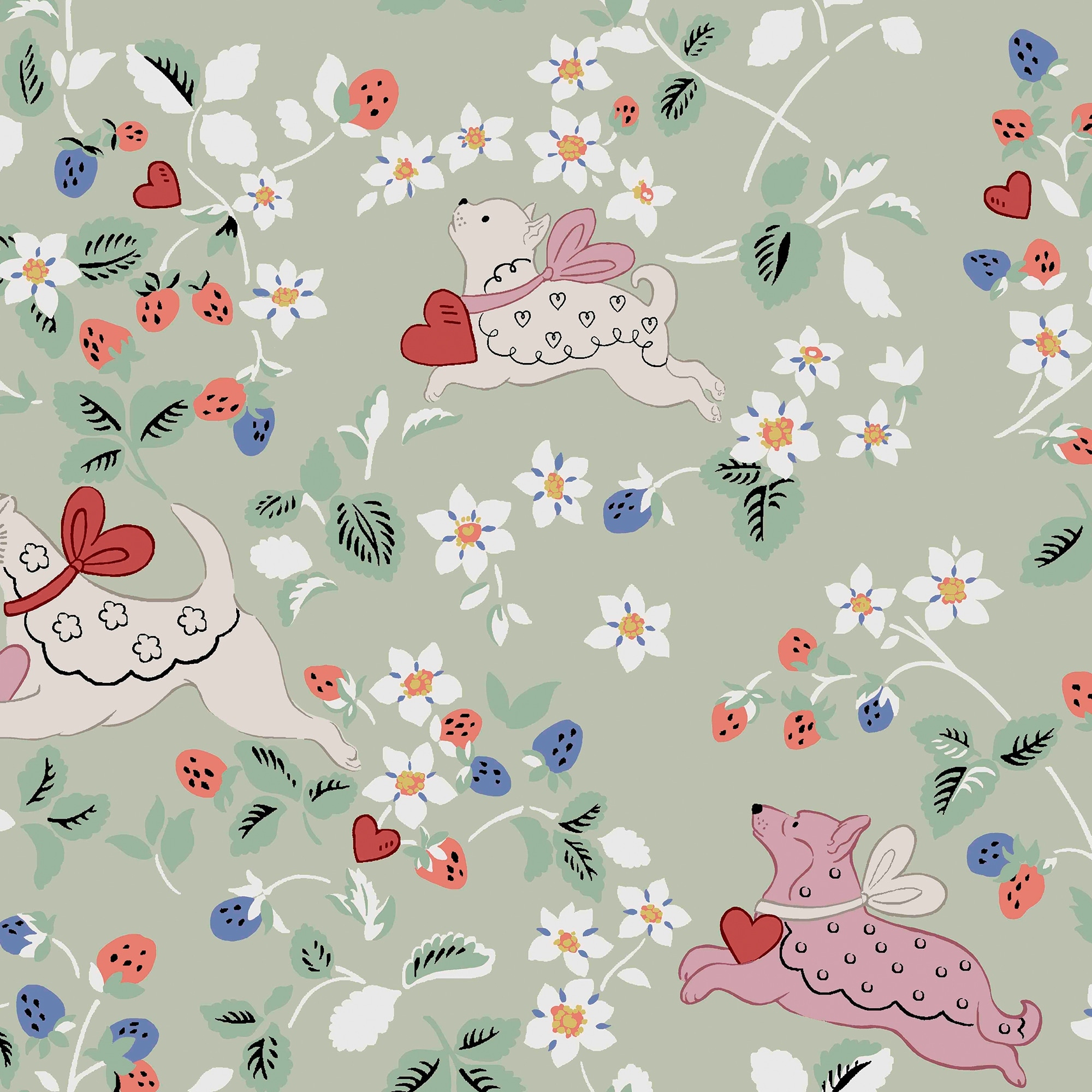Cath Kidston Puppy Dream Floral Sage Wallpaper - N/A