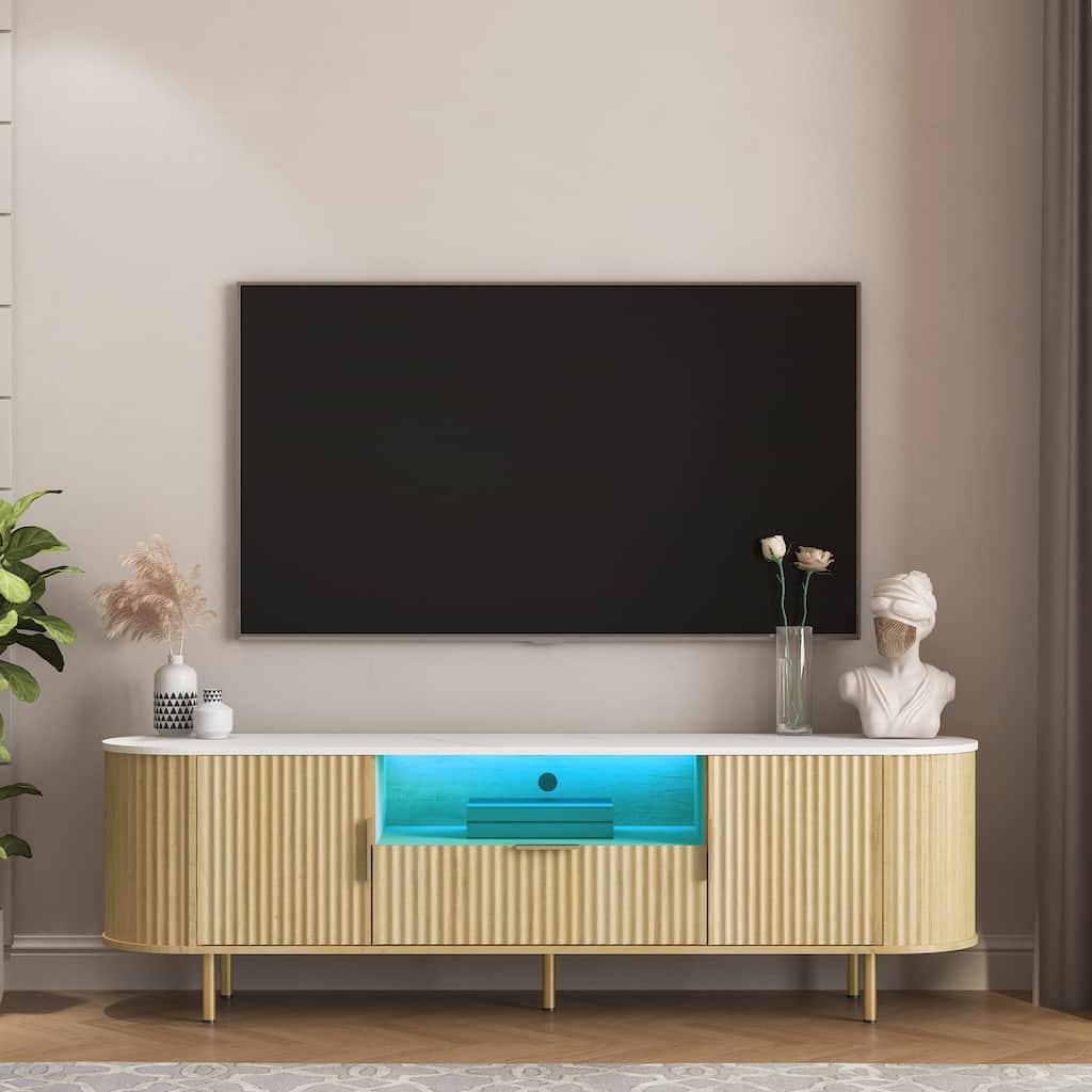 LED TV Stand for TVs Up to 65", Wood Storage Media Console w/ Open Shelves, Drawers, Modern Living Room TV Cabinet w/ Metal Legs