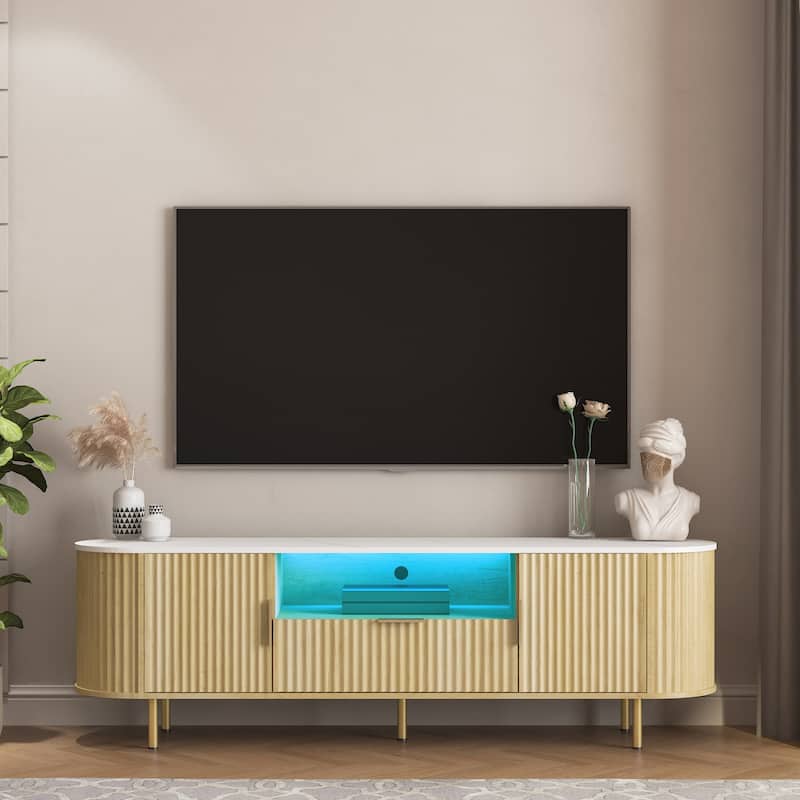 Modern Floor-Standing TV Stand/Media Control Table, for 55+ Inch TVs with 16-Color LED Lighting, for Living Rooms - Beige