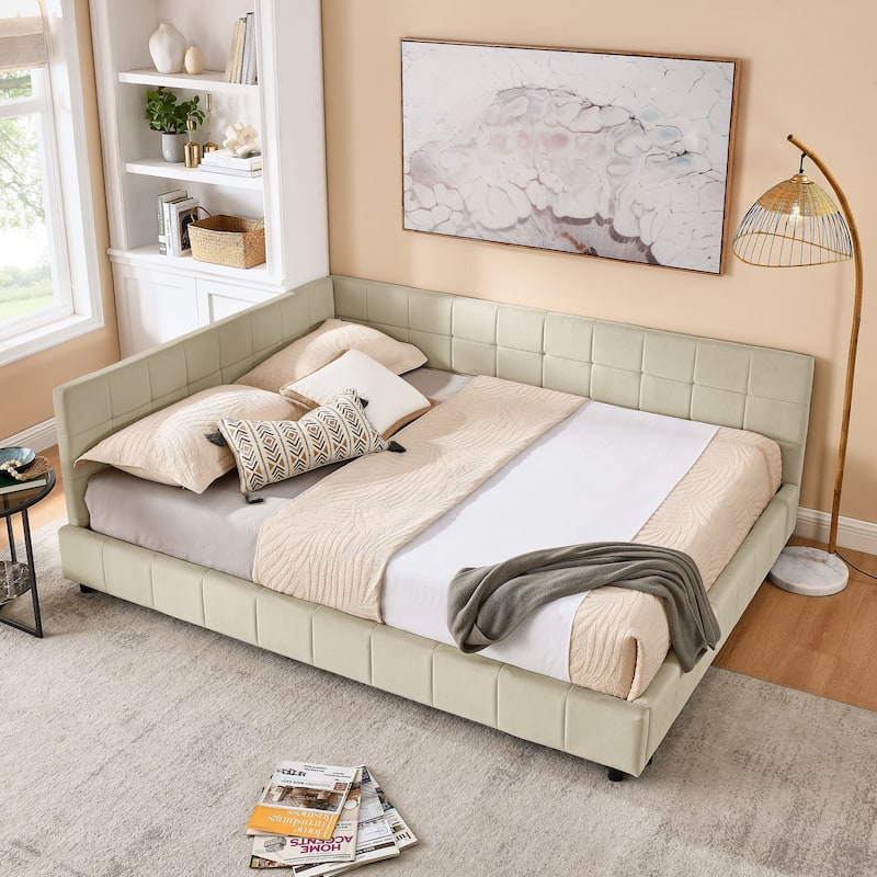Full Size Daybed Grounded Bed Velvet Upholstered Tufted Bed Frame with L-shaped Backrest & Armrests for Livingroom or Bedroom - Beige - Queen