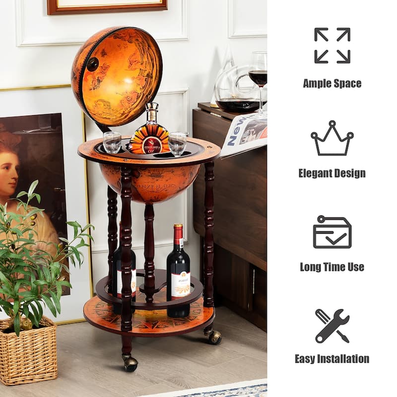 Elegant Italian Wood Globe Wine Bar Stand Liquor Wine Bottle Shelf