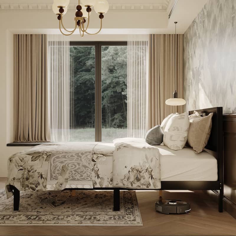 Modern Rubber Wood Solid Wood Bed Frame with Upholstered Headboard - Queen Size