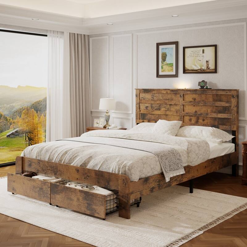 Rustic Wood Platform Bed Frame with 2 Storage Drawers - Queen