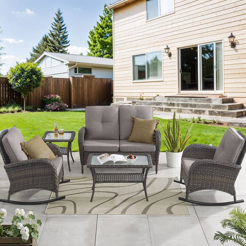 Pocassy Outdoor Loveseat Sofa with Table Funiture Set - Brown Wicker Grey Cushion - 5PCS Loveseat Sofa with Rocker Chairs Table
