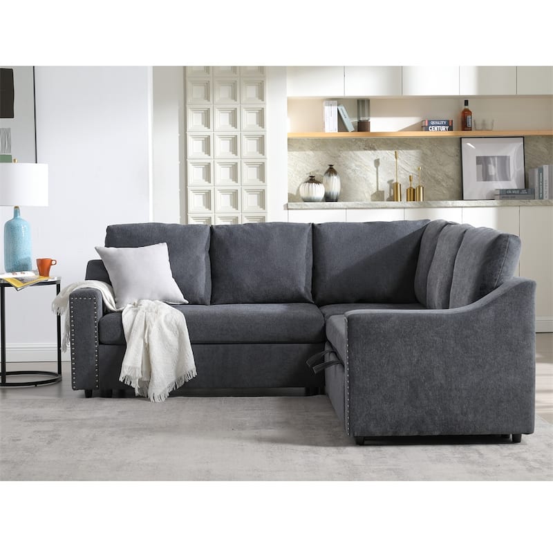 L Shaped Chenille Fabric Pull-out Sofa Bed, Corner Sofa with Pillows