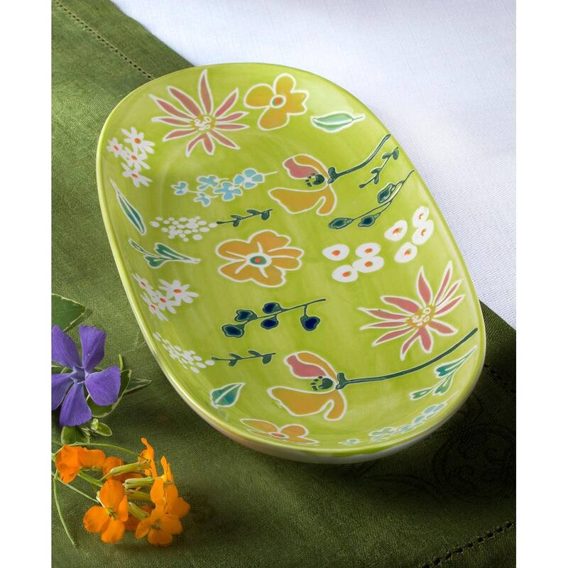 Euro Ceramica Primavera Handpainted Stoneware Oval Tray - 12.6 in. x 6.1 in. x 1.18 in.