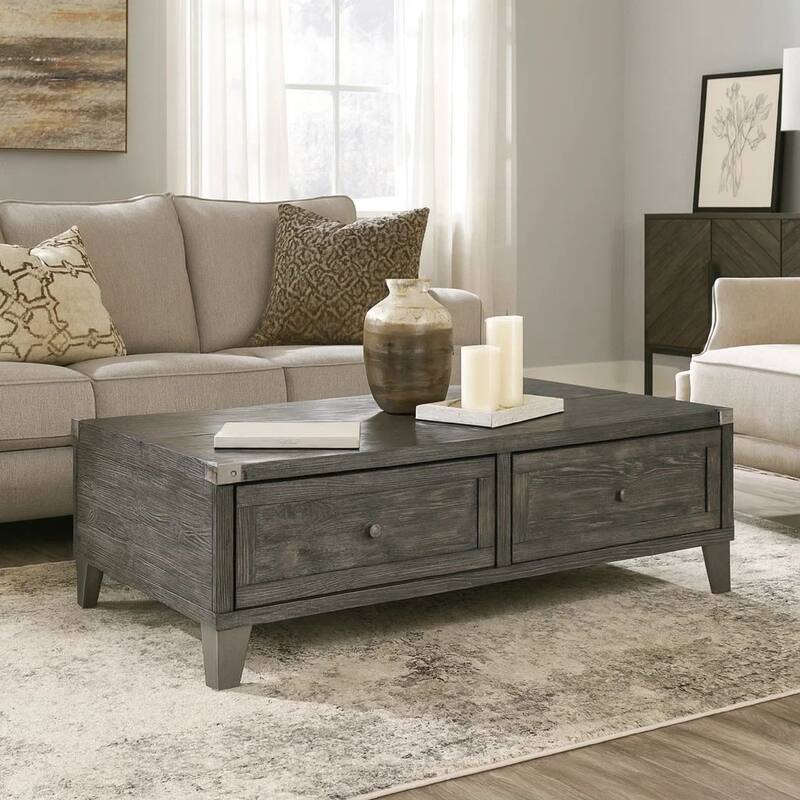 Wooden Lift Top Cocktail Table with 2 Drawers and Metal Accents, Gray