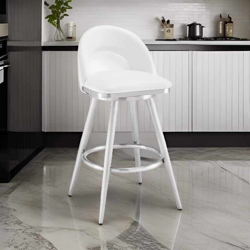 Visy 30 Inch Swivel Barstool Chair, Round Open Back, White Faux Leather