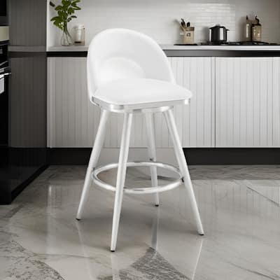 Visy 30 Inch Swivel Barstool Chair, Round Open Back, White Faux Leather