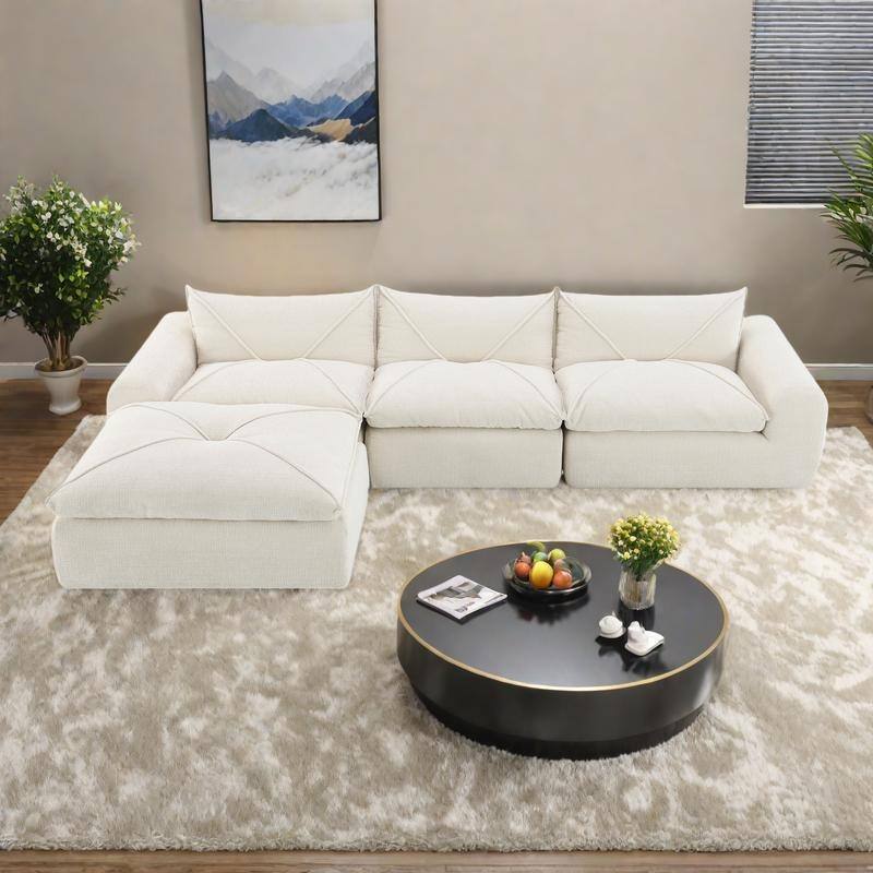 116" Chenille Fully Compressed Sectional Sofa with High-Density Foam, and 6-Seater Modular Cloud Couch - White