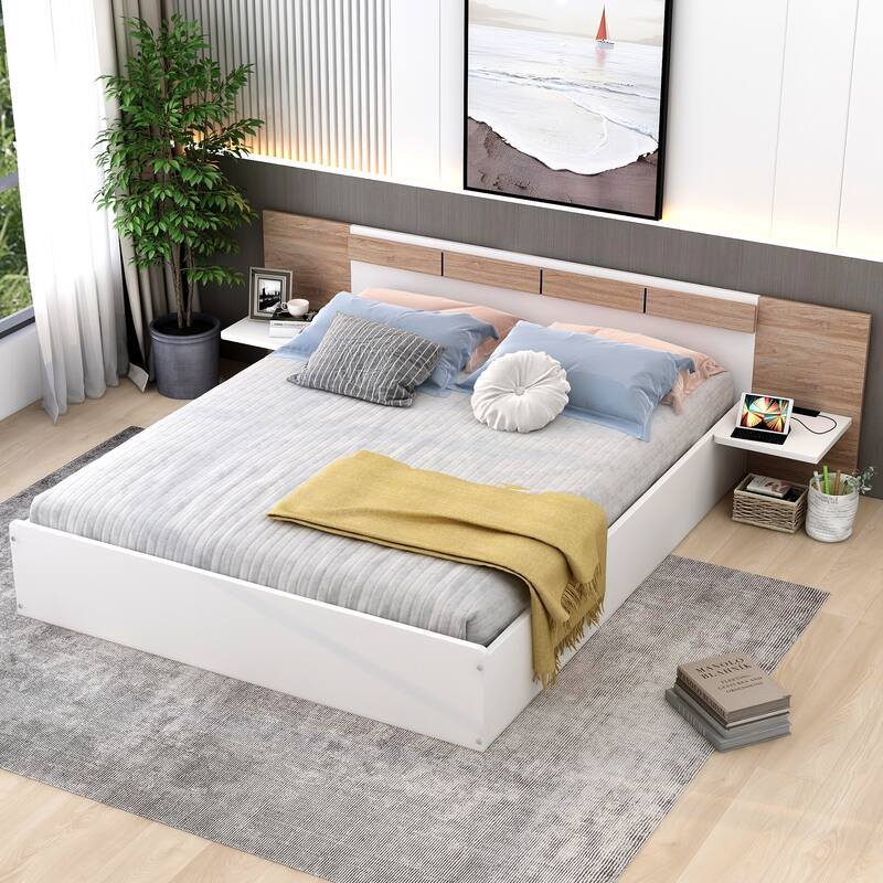 Queen Size Concise Low-Profile Platform Bed Frame with USB Charging